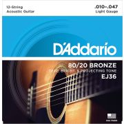 EJ36 BRONZE 80/20 Струны для акустической 12-струнной гитары бронза Light 10-47 D`Addario